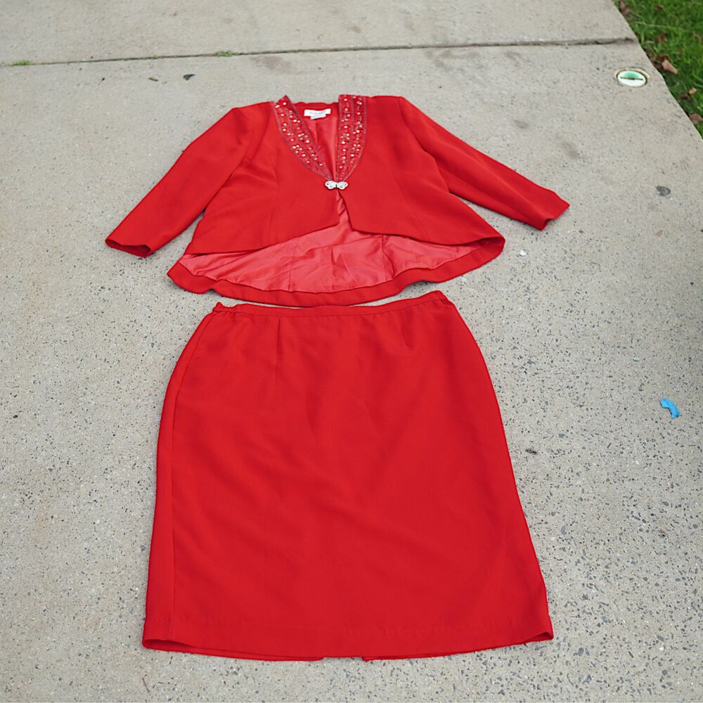 Vintage Nubiano New York Red Skirt Suit 24 Plus Beaded Rhinestone Blazer Midi